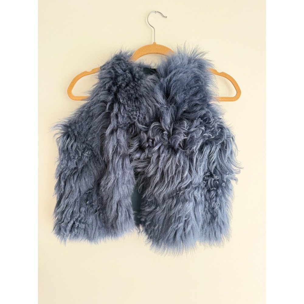 Mongolian Lamb Reversible Fur Vest Slate Blue Suede Boho Retro Penny Lane YXL